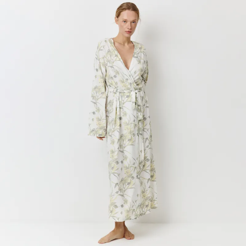 Әйелдер халаты, үйге арналған, өлшемі L, ұзын жеңді, вискоза, сұр, Жапырақтар, Leksli