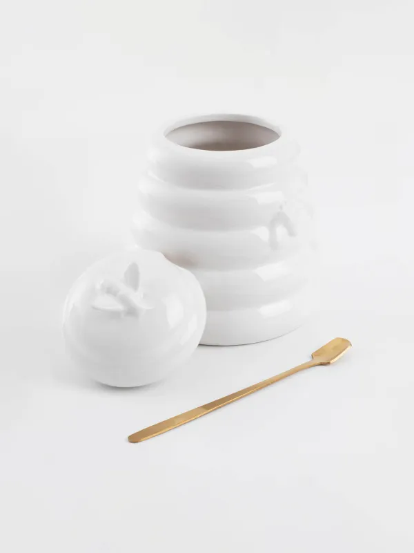 Балға арналған құты, 650 мл, қасықпен, керамика/болат, сүт түстес, аралар, Honey, image-2