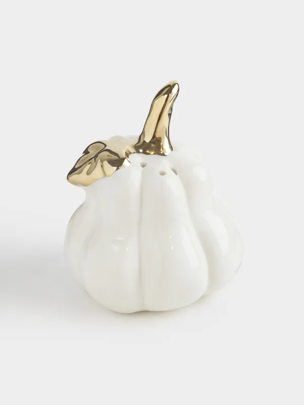 Емкость для соли или перца, 9 см, фарфор P, молочно-золотистая, Тыква с листом, Golden glow, image-0