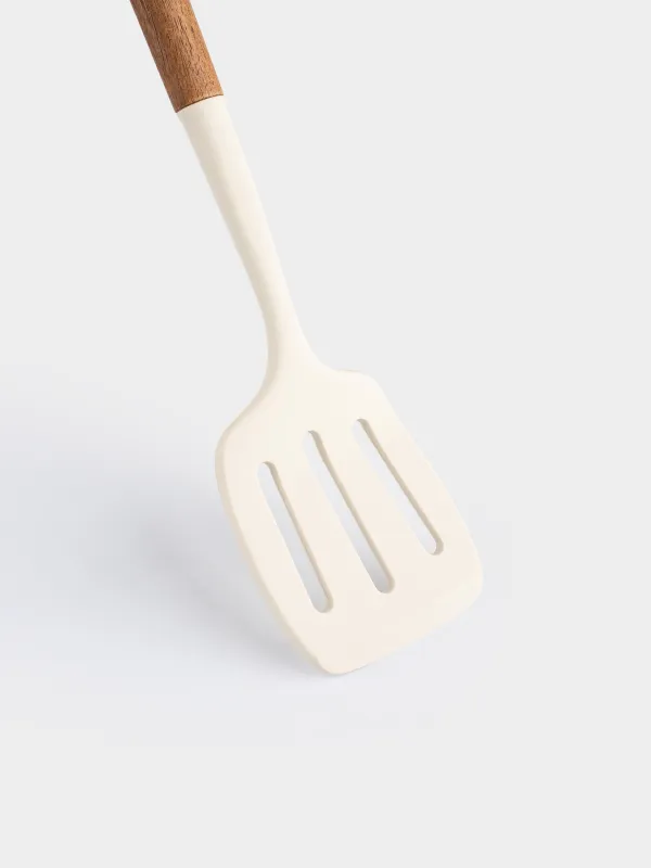 Лопатка, 33 см, с прорезями, силикон/дерево, бежевая, Lemsen, image-2