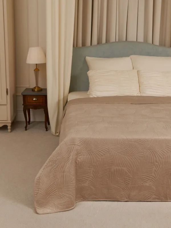 Төсек жапқыш, 220х240 см, төсеніш, полиэстер, бежевый / сұр, Пальма жапырағы, Ститч барқыт, image-1