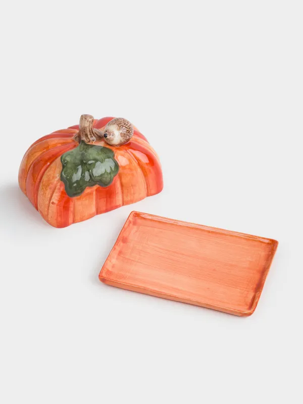 Сары май ыдысы, 15 см, керамика, тікбұрышты, қызғылт сары, Асқабақтағы кірпі, Forest symphony, image-4