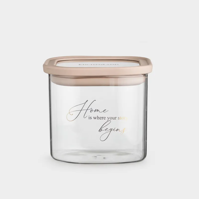 Банка для сыпучих продуктов, 510 мл, стекло/силикон, квадратная, бежевая, Verre