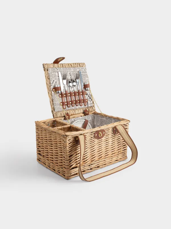 Пикник себеті, 40х30 см, 2 адам, 12 зат, бөтелке бөлімі бар, жүзім сабағы, қоңыр, Picnic, image-0