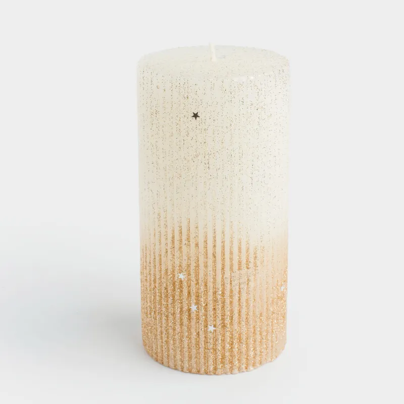 Свеча, 15 см, цилиндрическая, с блестками, молочно-золотистая, Ribbed candle, image-0