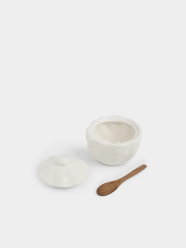 Қант ыдысы, 9 см, 290 мл, қасығы бар, керамика/бамбук, сүт түстес, Толқынды жиек, Crumple, image-1