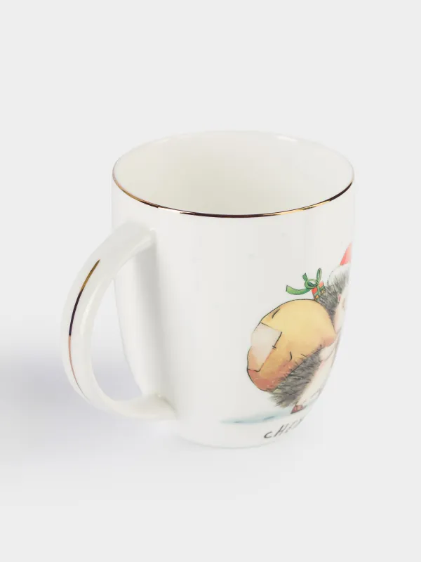 Кружка, 400 мл, фарфор F, белая, с золотистым кантом, Ежи с подарками, Forest animals, image-4