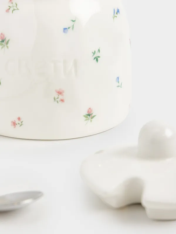 Сахарница, 12 см, 340 мл, с ложкой, керамика D/сталь, молочная, Нежные цветы, El flora, image-4