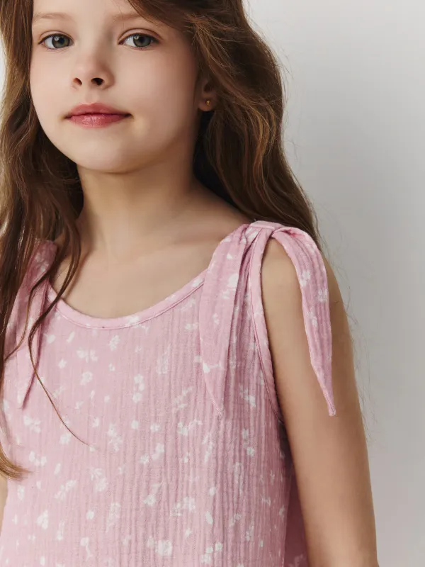 Балалар көйлегі, өлшемі 98 см, белдіктері бар, желбіршектері бар, муслин, қызғылт, Гүлдер, Hayley, image-2