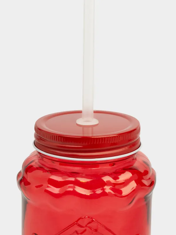 Банка для напитков, 600 мл, с крышкой и трубочкой, стекло, красная, Домик, Christmas house, image-1
