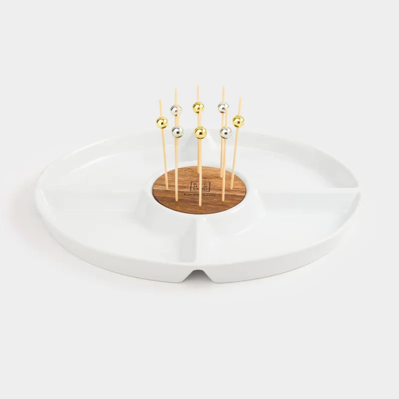 Менажница, 27x22 см, 4 отд, со шпажками, фарфор P/дерево, белая, Light kitchen