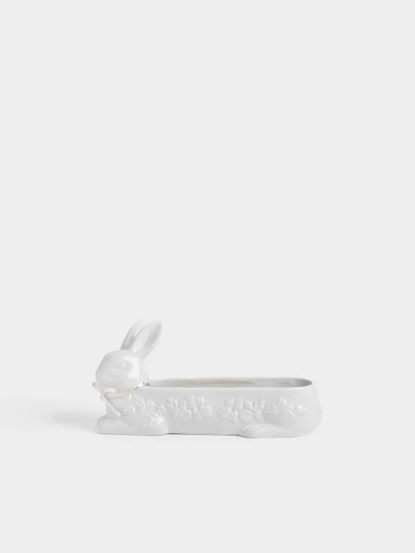 Кәмпит ыдысы, 30х14 см, керамика, сүт түстес, Гүлдері бар қоян, Rabbit pattern, image-0