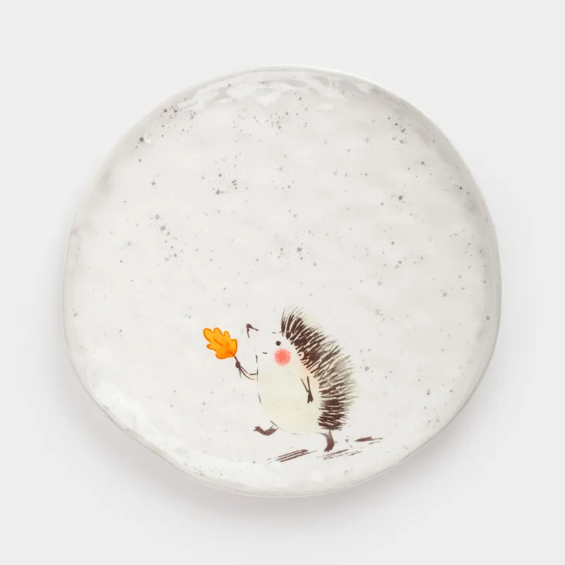 Тіскебасар тәрелкесі, балаларға арналған, 19 см, керамика, сүт түстес және сұр, дақты, Кірпі, Hedgehog walk