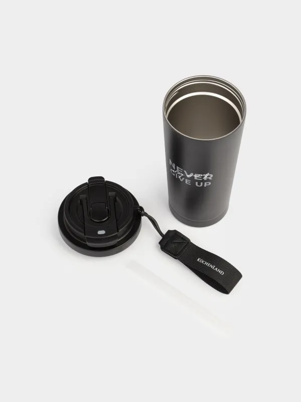 Термо саптыаяқ, 500 мл, клапан/түтік, бауы бар, болат/пластик, қара және алтын, Ballad, image-6