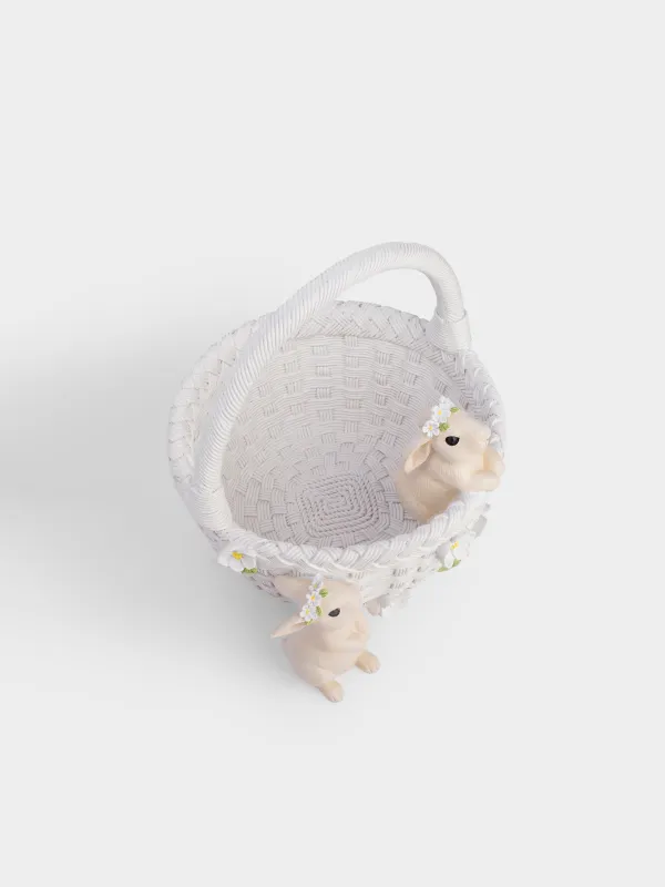 Кәмпит ыдысы, 21х24 см, тұтқасы бар, полирезин, ақ, Гүлдері бар себеттегі қояндар, Easter, image-3