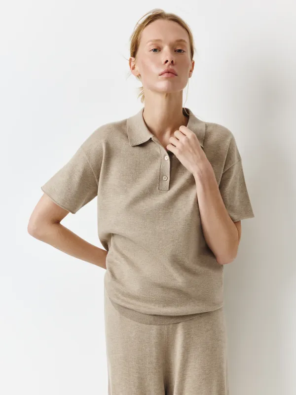 Әйелдер жемпірі, өлшемі L, поло жағасы бар, полиэстер/акрил/нейлон/жүн К, сарғылт-қоңыр, Agueda, image-0