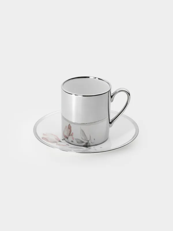 Кофе жұбы, 1 адам, 2 зат, 90 мл, фарфор N, ақ және күміс, Гүл, Flower silver, image-4