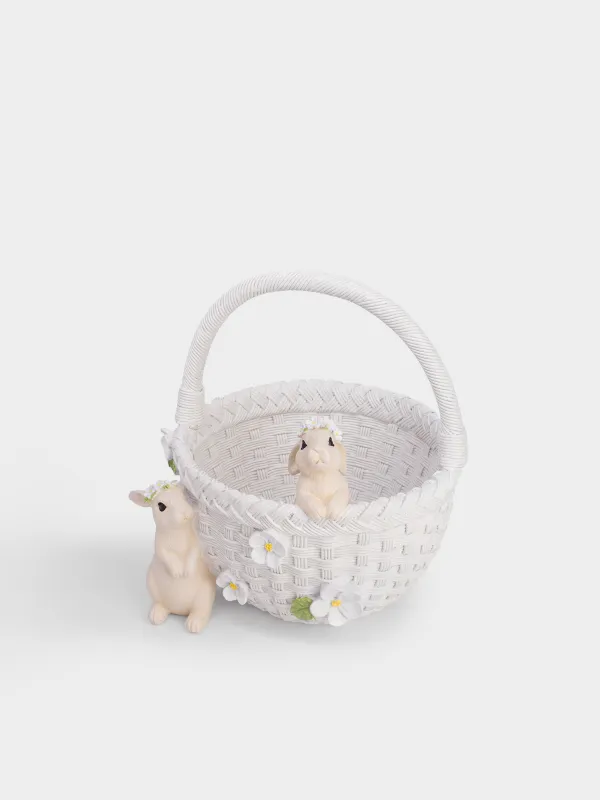 Кәмпит ыдысы, 21х24 см, тұтқасы бар, полирезин, ақ, Гүлдері бар себеттегі қояндар, Easter, image-1