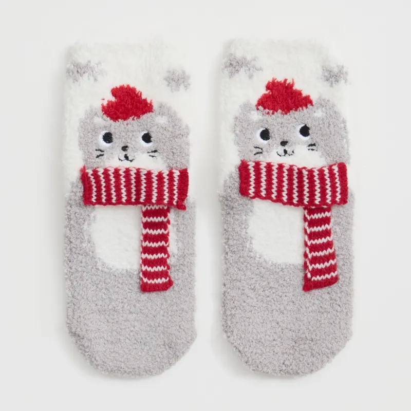 Балалар шұлықтары, үйге арналған, өлшемі 27-29, қорапта, полиэстер, сүтті сұр, Шарф таққан мысық, Merry