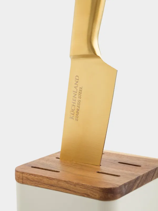 Пышақтар жинағы, 5 зат, тұғырда, болат/пластик, алтын/сүтті, Ritlen, image-4