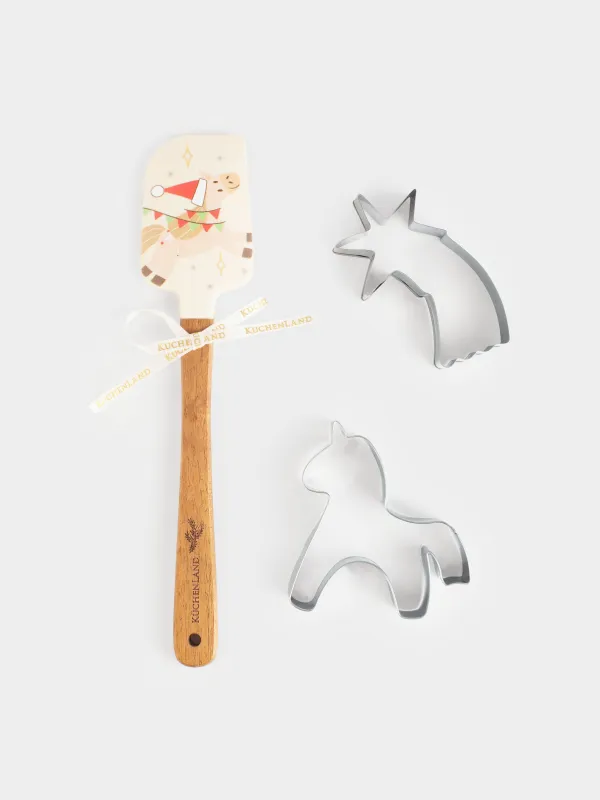 Набор для выпечки, 3 пр, лопатка/формы, силикон/дерево/сталь, Лошадка и кот, Christmas animals, image-0