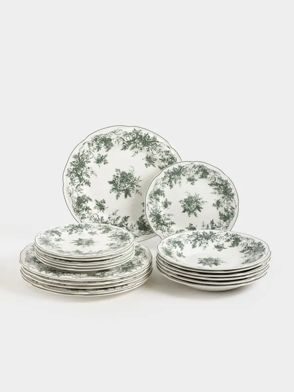 Ас сервизі, 6 адам, 18 зат, фарфор N, ақ-жасыл, Қысқы гүл шоқтары, Winter lace, image-0