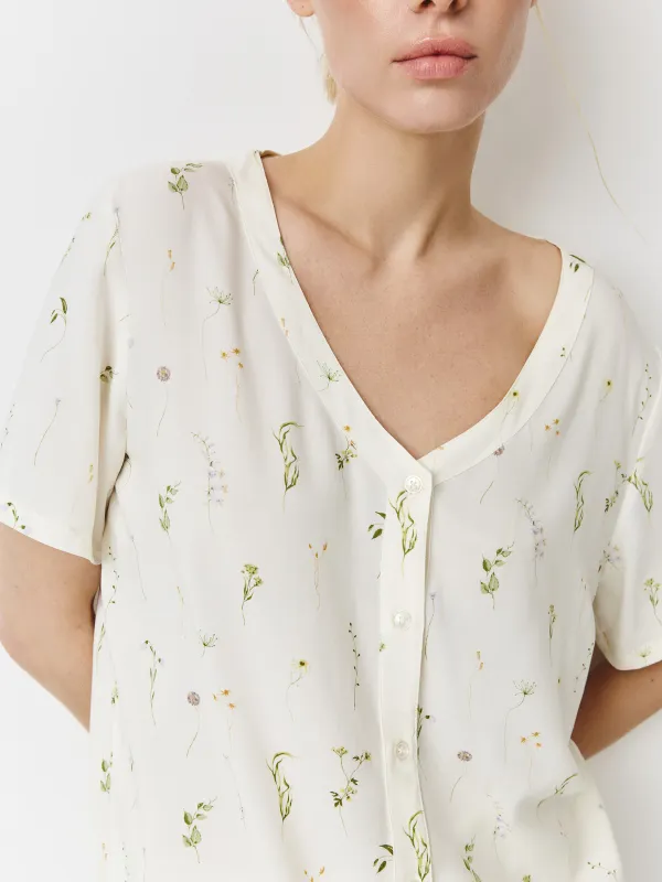 Әйелдер жейдесі, үйге арналған, өлшемі S, қысқа жеңді, вискоза, сүт түстес, Wildflowers, Amina, image-1