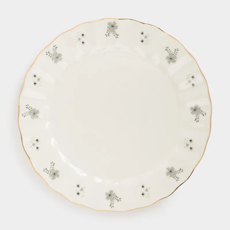 Тарелка десертная, 20 см, фарфор P, молочная, с золотистым кантом, Серые цветы, Florals