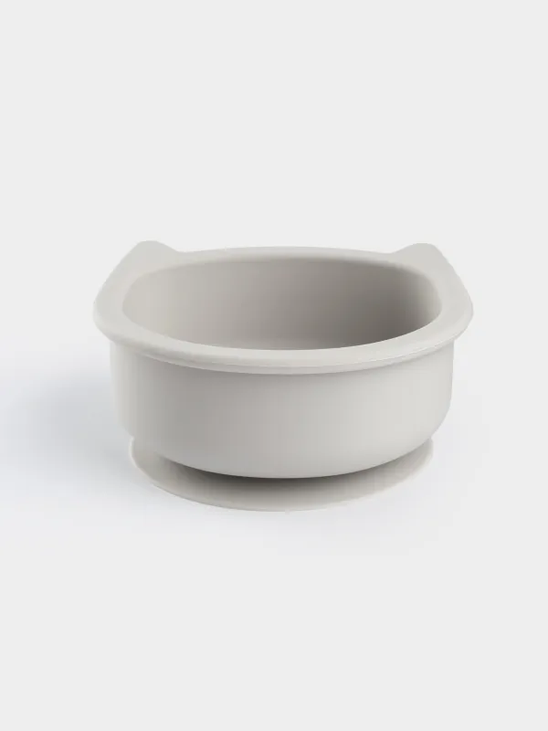 Сорпа тәрелкесі, балаларға арналған, 13х5 см, сорғышы бар, силикон, сұр, Мысық, Kiddy, image-0