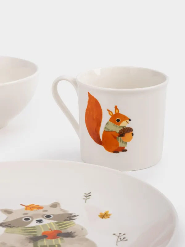 Ыдыс-аяқ жинағы, балаларға арналған, 1 адам, 3 зат, фарфор N, ақ, Жануарлар мен жапырақтар, Forest animals, image-8