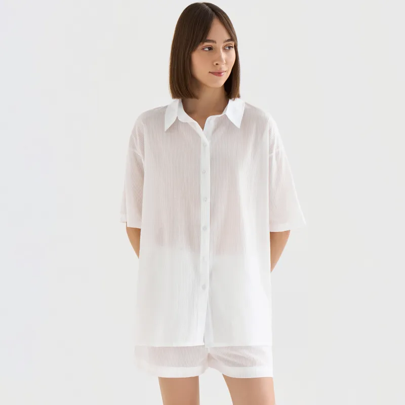 Әйелдер жейдесі, үйге арналған, өлшемі L, қысқа жеңді, мақта, ақ, Жолақтар, Leticia