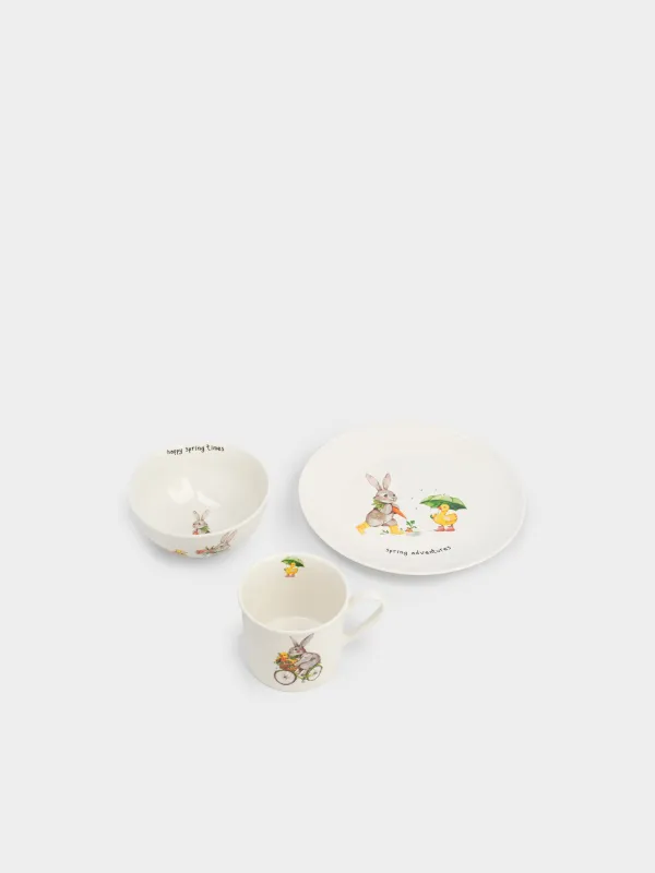 Ыдыс-аяқ жинағы, балаларға арналған, 1 адам, 3 зат, фарфор N, ақ, Қоян мен үйрек, Easter Kids, image-2