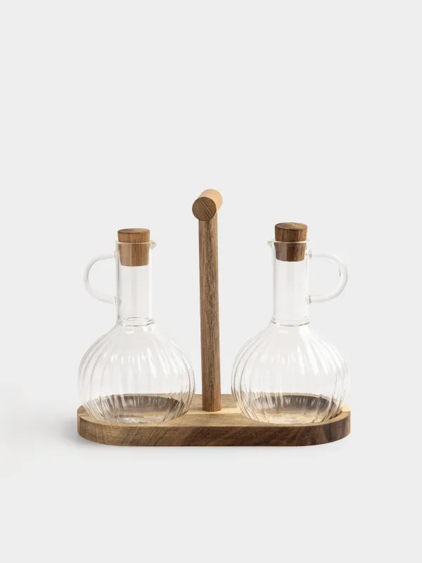 Набор для масла и уксуса, 300 мл, 2 шт, на подставке, стекло/дерево, Noble tree, image-0