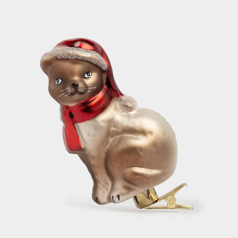 Шырша ойыншығы, 11 см, қыстырғышта, шыны, Шарф таққан мысық, Figure christmas