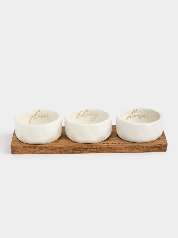 Набор для закусок, 3 пр, на подставке, керамика/дерево, молочный, Мятый эффект, Crumple kitchen, image-1