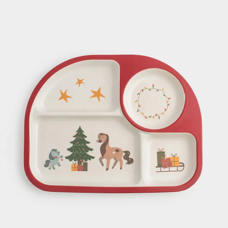 Түскі ас тәрелкесі, балаларға арналған, 27х21 см, 4 бөлім, бамбук, қызыл, Шыршасы бар жылқылар, Little horse