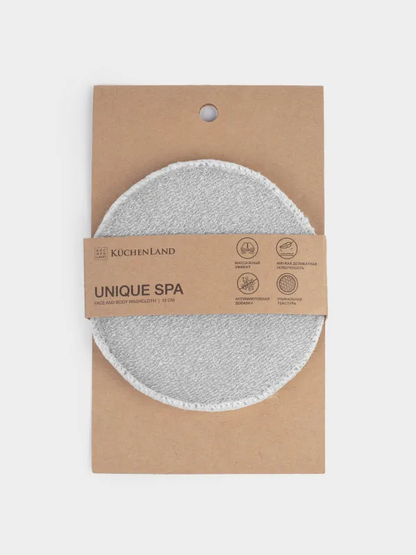 Мочалка-губка для мытья лица и тела, 13 см, с держателем, нейлон/хлопок, серая, Unique spa, image-4