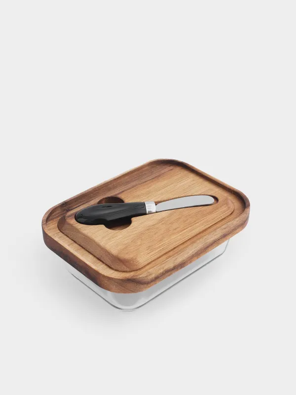 Сары май ыдысы, 18 см, пышақпен, ағаш/шыны/болат, тікбұрышты, Noble tree, image-2