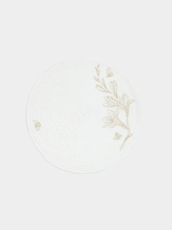 Салфетка под приборы, 38 см, полипропилен/ПЭТ, круглая, молочная, Цветы и пчелы, Circle embroidery, image-0