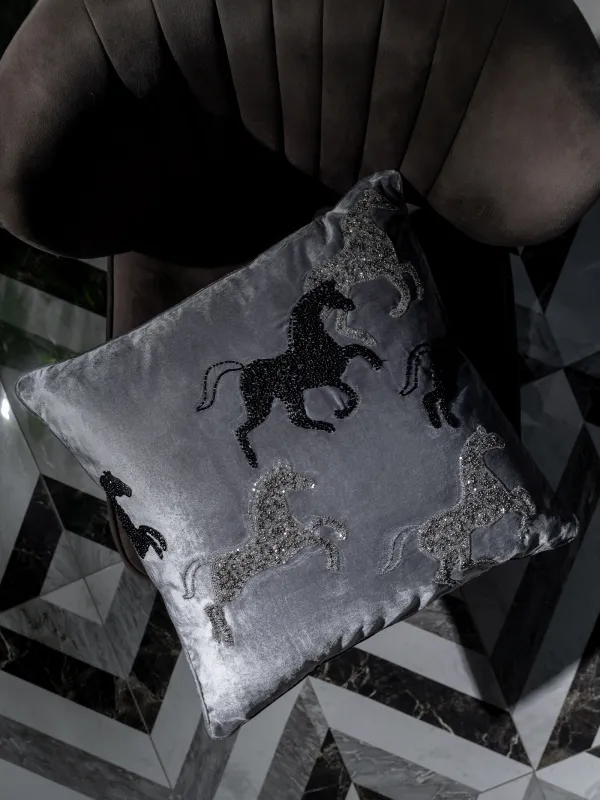 Подушка декоративная, 50х50 см, вельвет/бисер, серая, Лошади, Horse, image-7