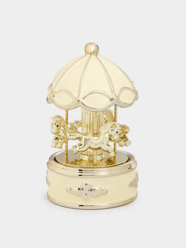 Мүсінше, музыкалық, 16 см, жарықтандырылған, керамика, ақ және алтын түстес, Карусель, Golden style, image-0