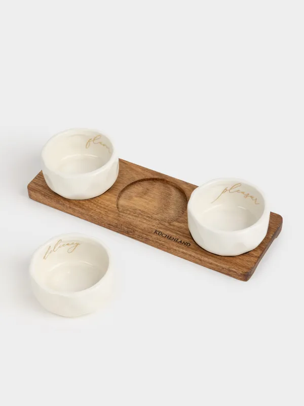Набор для закусок, 3 пр, на подставке, керамика/дерево, молочный, Мятый эффект, Crumple kitchen, image-3