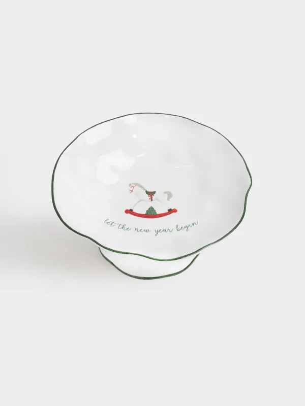 Жеміс вазасы, 27х12 см, аяқты, керамика, Жылқы, Сhristmas green, image-1