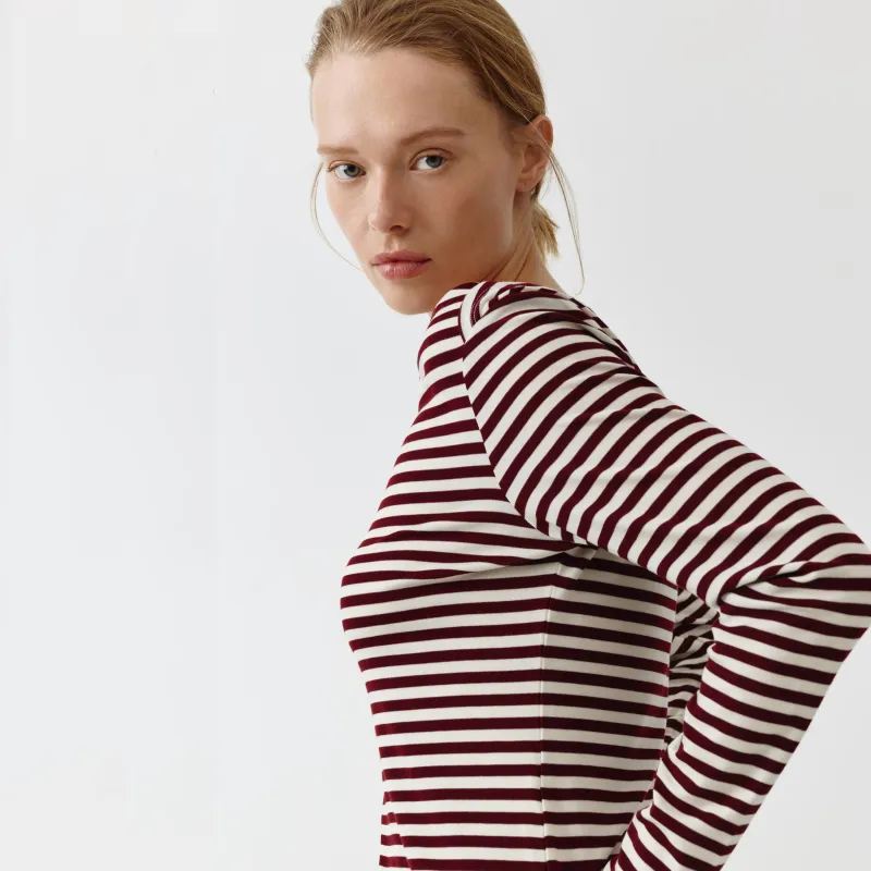 Әйелдерге арналған лонгслив, өлшемі L, лиоцелл/эластан, сүт түстес және қою қызыл, Жолақ, Albertina, image-0