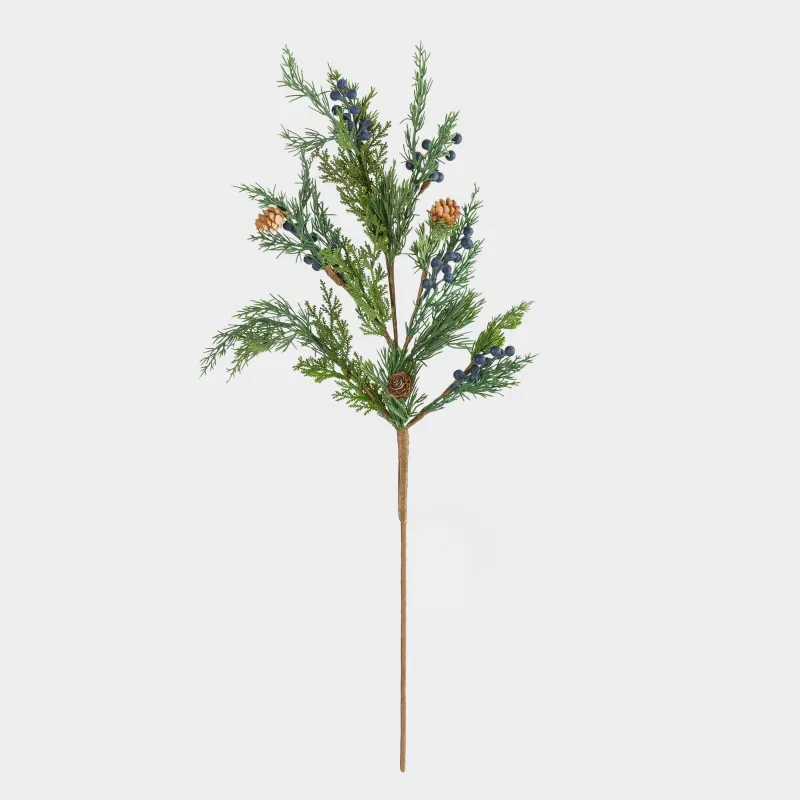 Ветка декоративная, 84 см, полиэтилен/пенопласт, Хвоя с синими ягодами и шишками, Blue berry