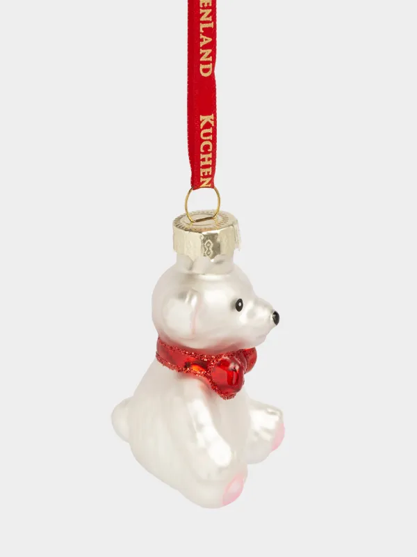 Шырша ойыншығы, 4 см, шыны, жылтырақтары бар, ақ, Бантигі бар аю, Figure christmas, image-1