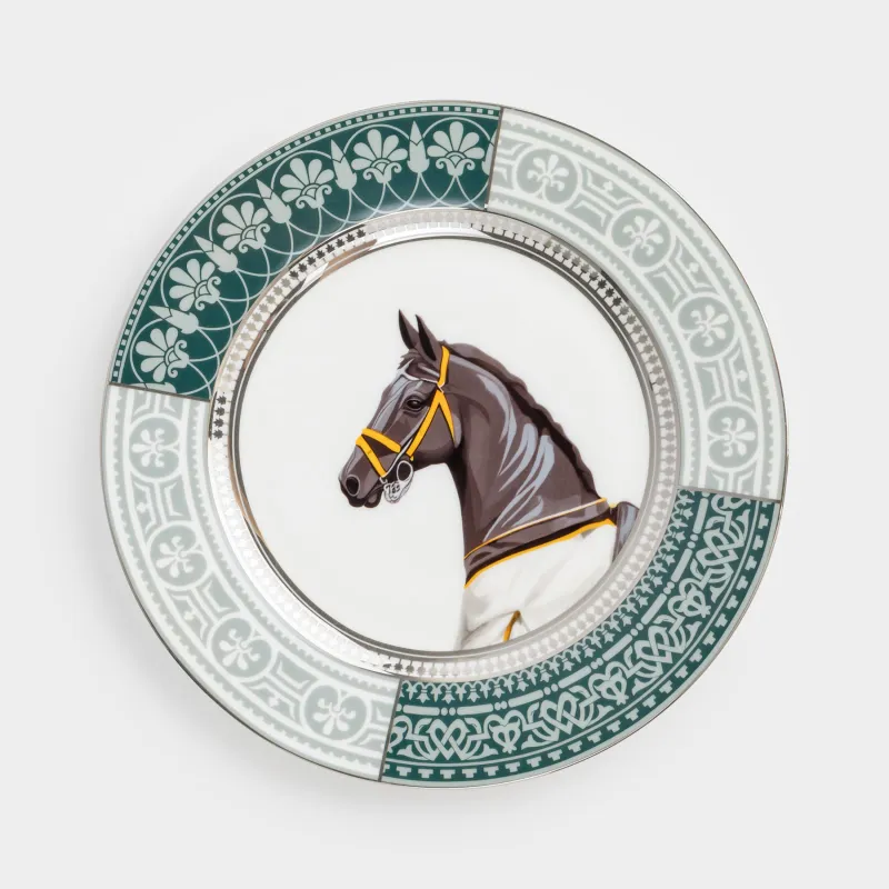 Тіскебасар тәрелкесі, 21 см, фарфор F, ақ және жасыл, күміс жиектері бар, Жылқы, Breton horse