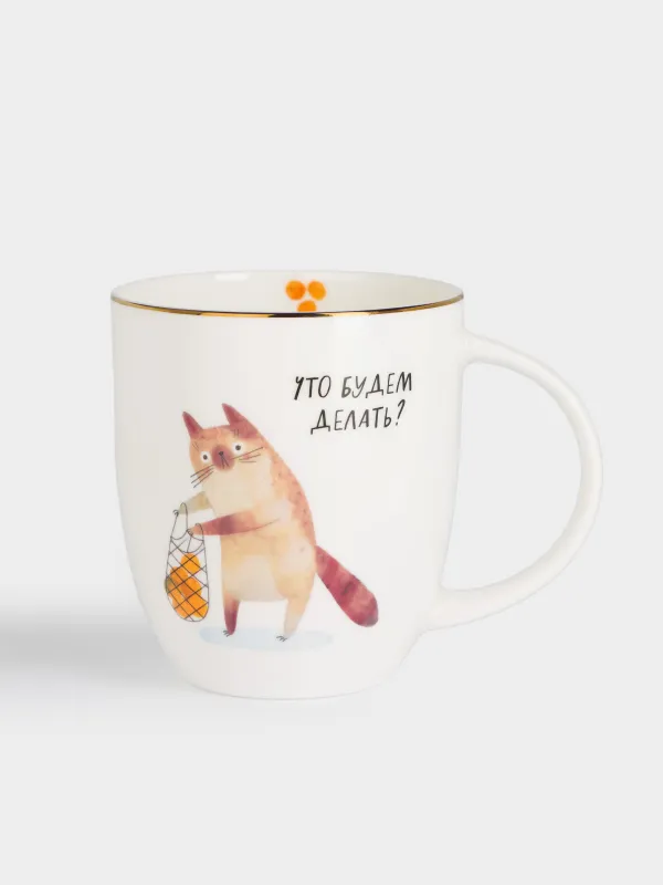 Кружка, 400 мл, фарфор F, белая, с золотистым кантом, Кот с мандаринами, Christmas cat, image-0