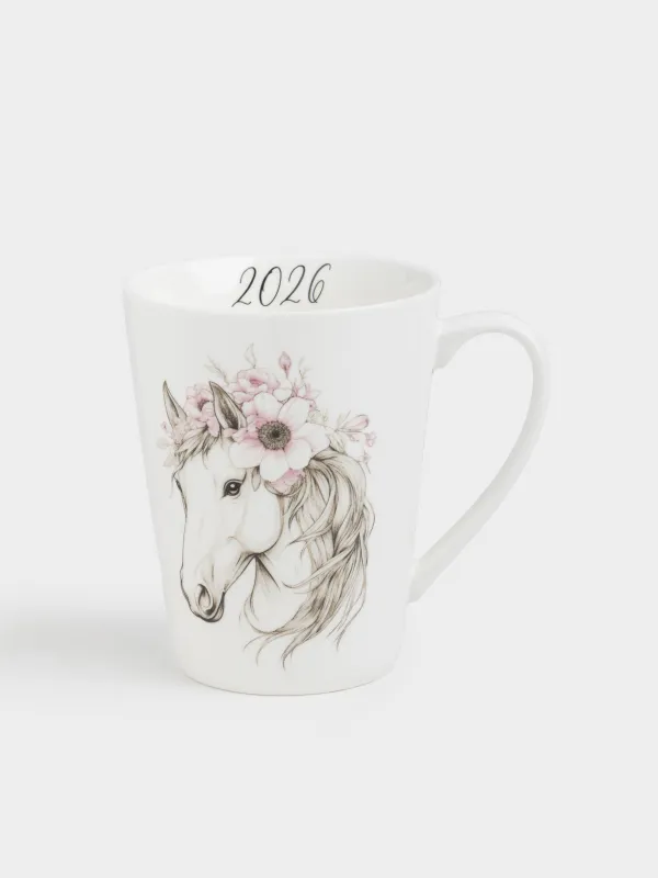 Кружка, 420 мл, фарфор N, белая, Лошадь в венке, Horse in flowers, image-0
