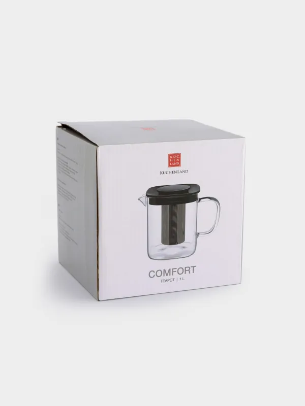 Чайник заварочный, 1 л, стекло Б/пластик, квадратный, черный, Comfort, image-4